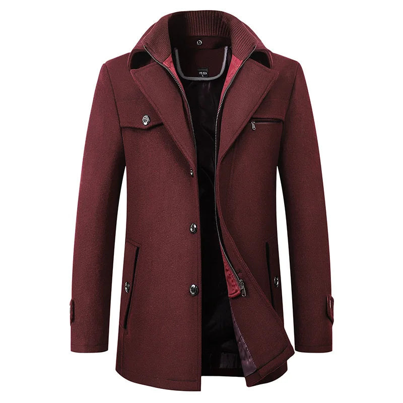 Men's navy tailored long button overcoat with elegant slim-cut silhouette for winter formal wear