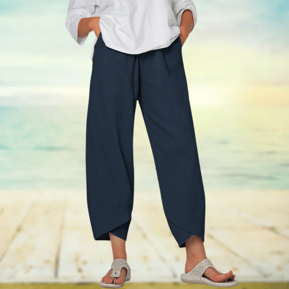 Women's linen wide-leg pants relaxed fit with asymmetrical hem and elastic waistband casual style