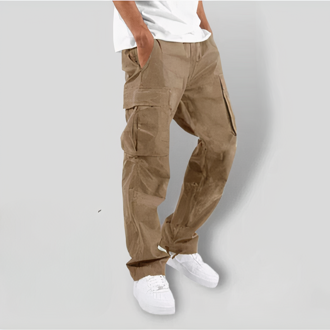 Men's olive cargo pants relaxed utility fit with multiple side pockets for outdoor active wear