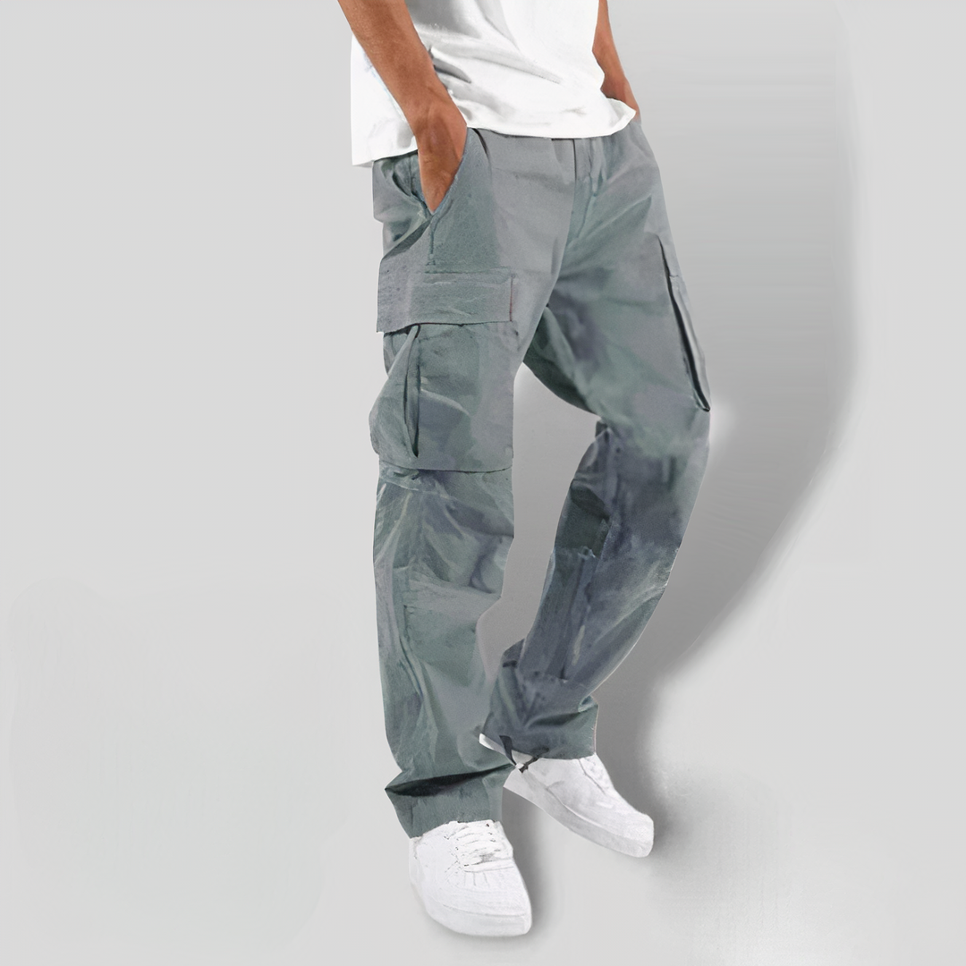 Men's olive cargo pants relaxed utility fit with multi-pocket design for outdoor active wear