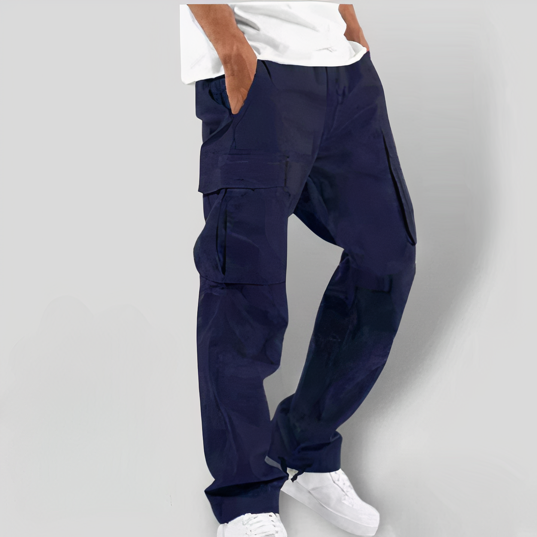 Men's olive cargo pants relaxed utility fit with multiple large side pockets for outdoor wear