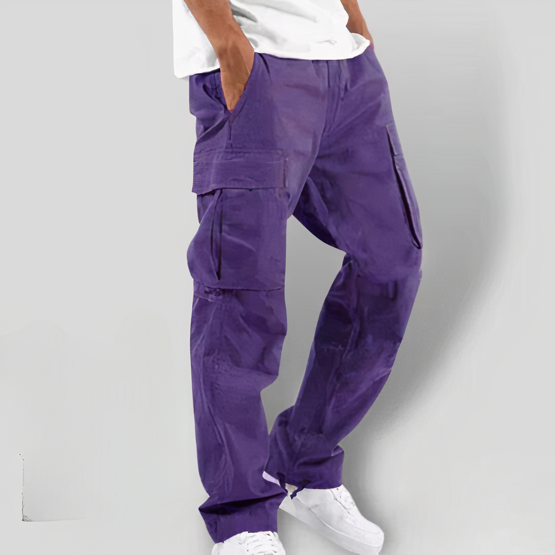 Men's khaki cargo pants relaxed outdoor utility fit with multiple large side pockets