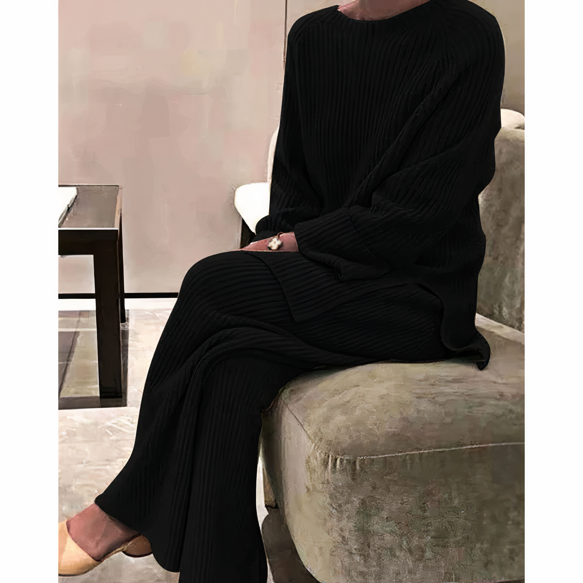 Women's rib knit two-piece set relaxed sweater and wide-leg pants cozy loungewear
