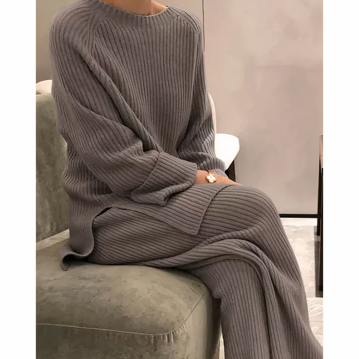 Women's soft rib-knit two-piece set relaxed sweater and wide-leg pants cozy loungewear