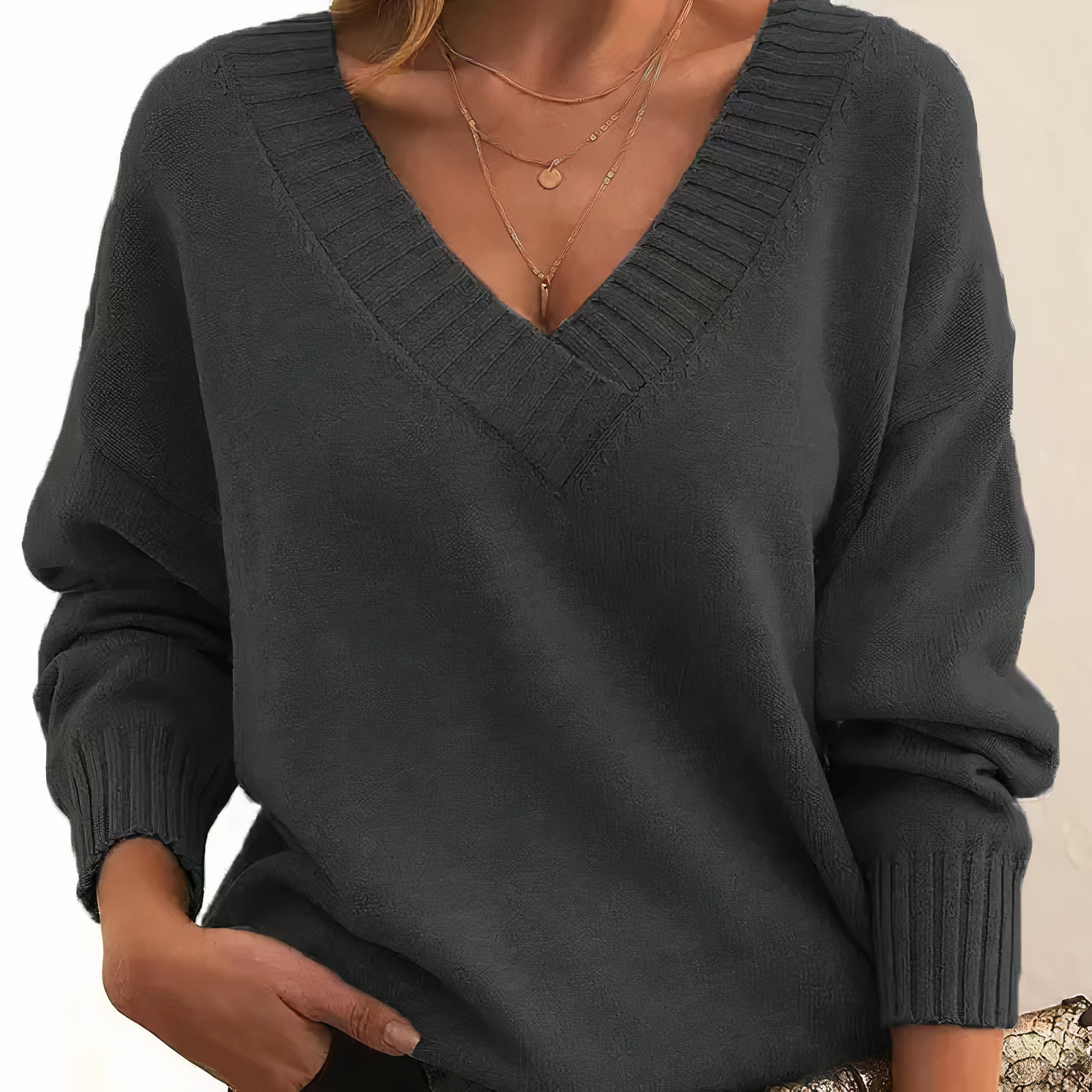 Women's elegant minimalist V-neck sweater, long sleeve versatile layering knit for everyday wear