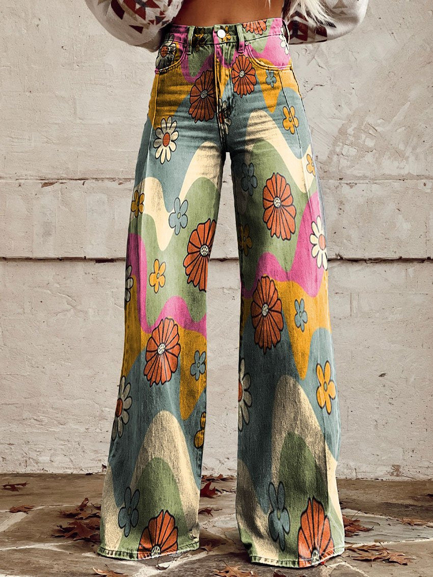Women's floral wide-leg high-waist denim jeans with bold floral pattern and relaxed loose silhouette