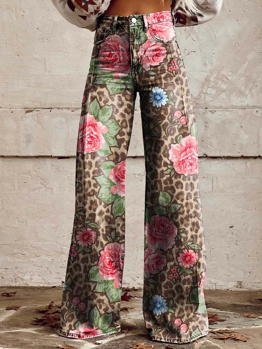 Women's floral wide-leg jeans high-waist denim loose silhouette five-pocket feminine casual fit
