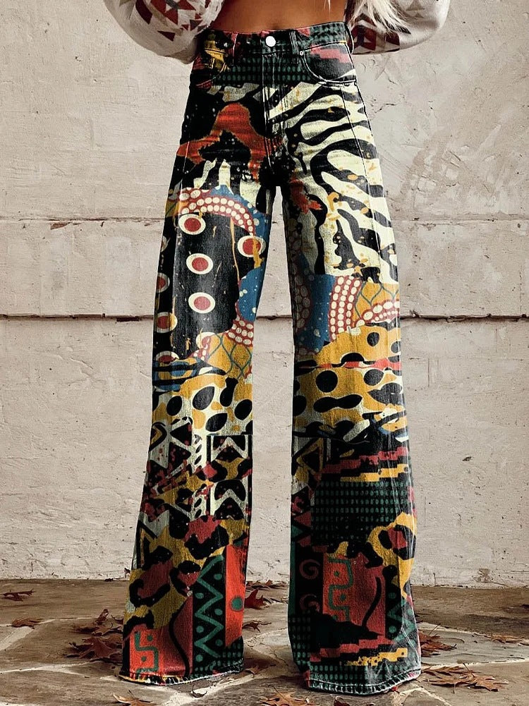 Women's floral wide-leg jeans high waist loose denim five-pocket feminine boho style