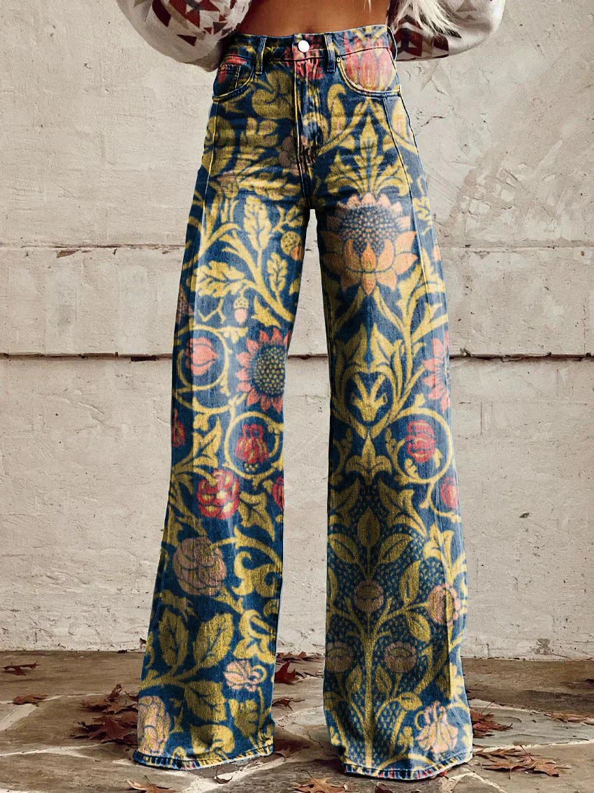Women's floral wide leg jeans high waist loose denim five-pocket silhouette feminine casual style