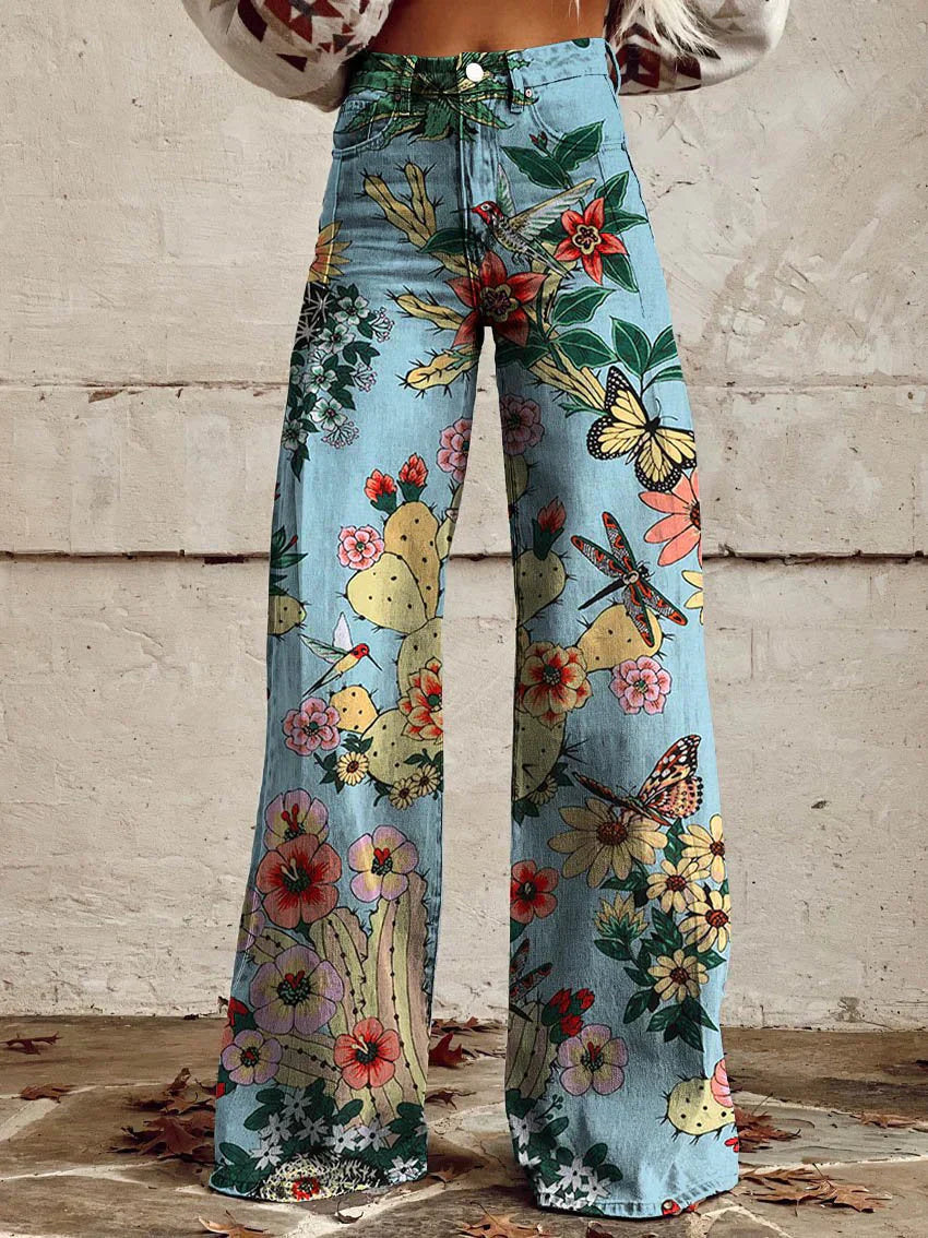 Women's floral wide-leg high-waist denim jeans with feminine print, loose silhouette, five-pocket design
