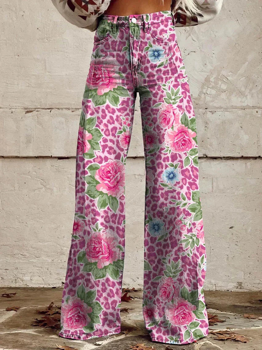 Women's floral wide-leg high-waist jeans, loose denim silhouette with feminine five-pocket floral pattern