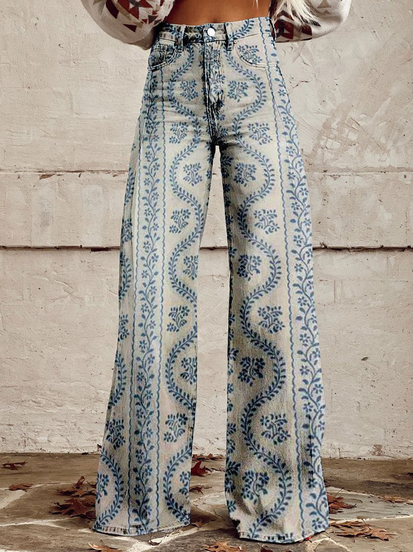 Women's floral wide-leg high-waist denim jeans with feminine floral print and loose silhouette