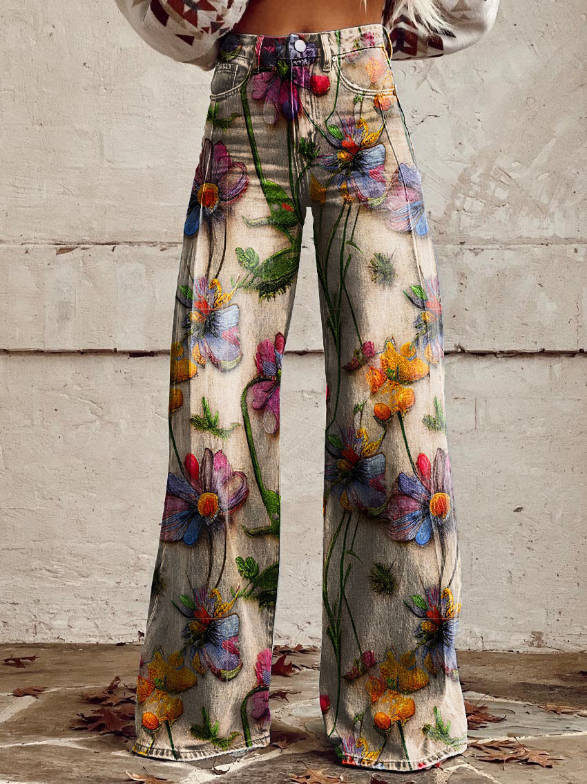 Women's floral wide-leg jeans high-waist denim loose silhouette five-pocket feminine casual fit