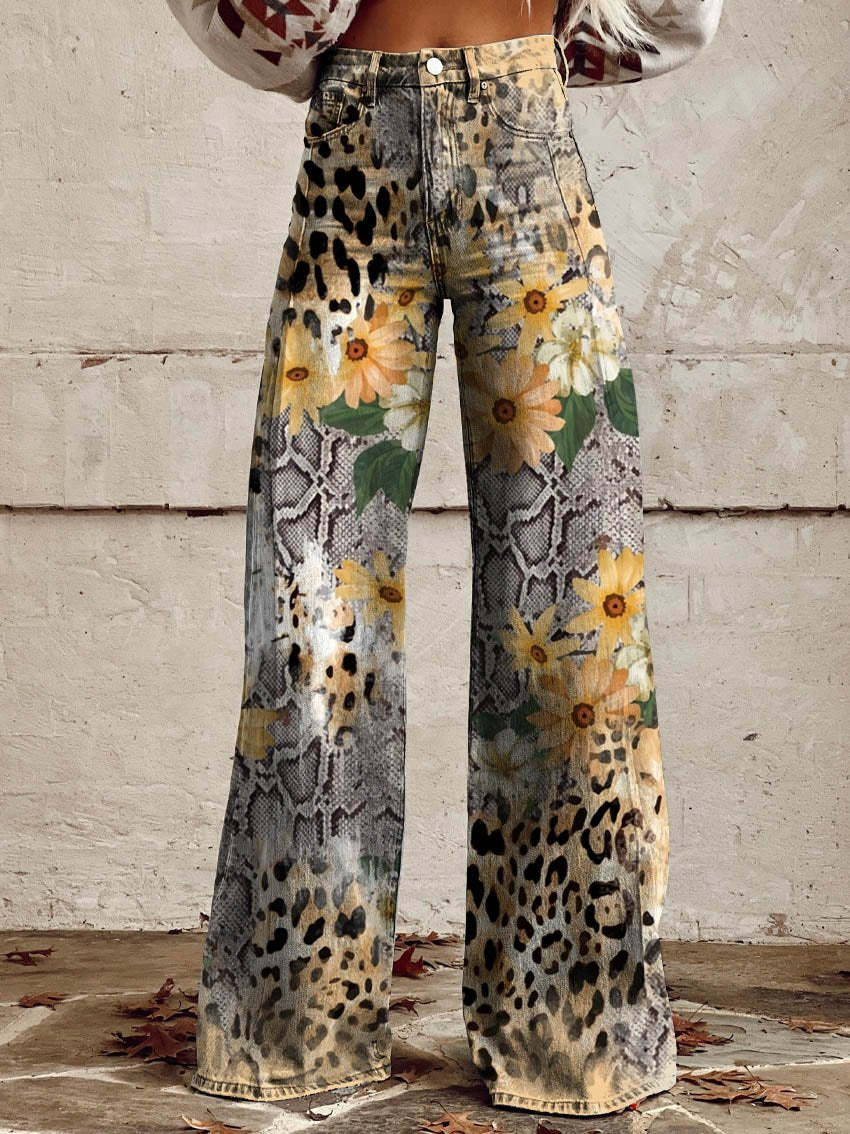 Women's floral wide-leg jeans high-waist denim loose silhouette five-pocket feminine casual fit