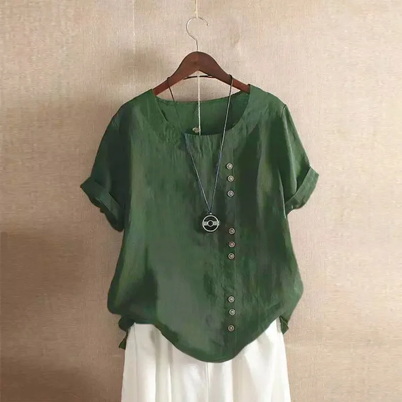 Women's linen blouse breathable short sleeve asymmetric button closure relaxed summer top