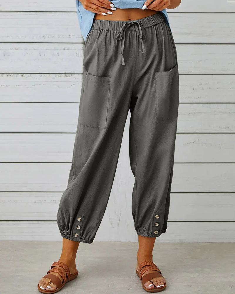 Men casual breathable pants lightweight drawstring elastic waist roomy patch pockets daily wear