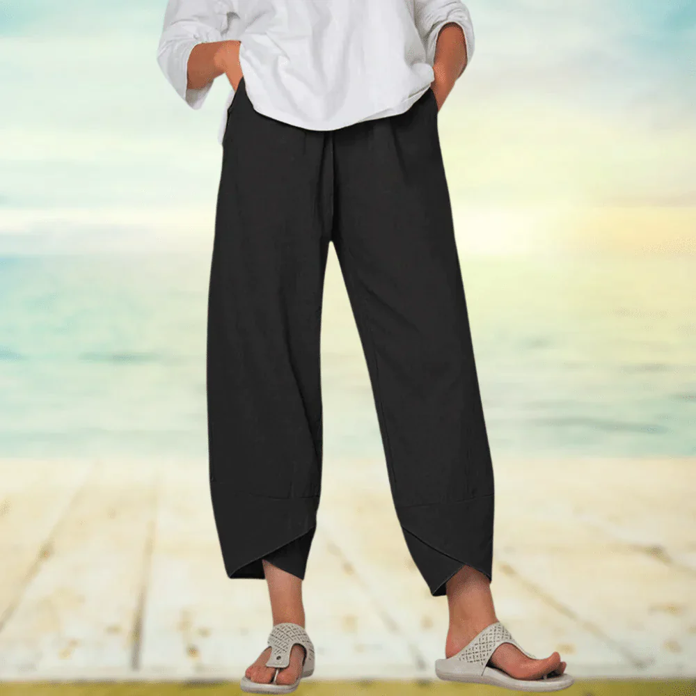 Women's beige linen wide-leg pants relaxed fit with asymmetrical hem and elastic waistband