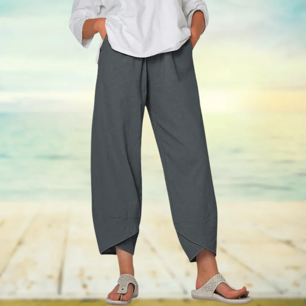 Women's linen wide-leg pants relaxed fit with asymmetrical hem, breathable casual style