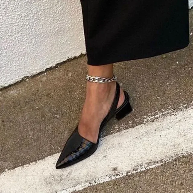 Women's black crocodile-texture slingback heels with pointed toe and sturdy block heel design