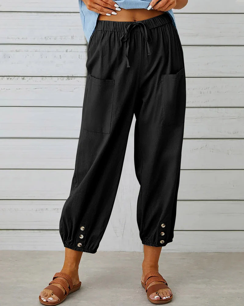 Men's casual breathable pants with elastic waistband, drawstring, and roomy patch pockets for daily wear
