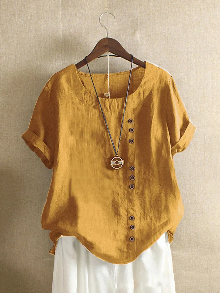 Women's linen blouse asymmetric button closure short sleeves relaxed summer top natural breathable