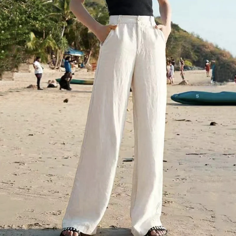 Women's beige linen-look wide leg pants high waist breathable summer beach city style