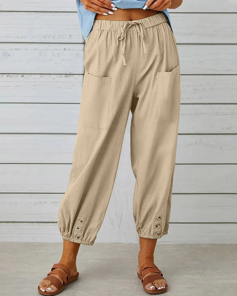 Men's casual breathable pants with elastic waistband, drawstring, and roomy patch pockets for daily wear