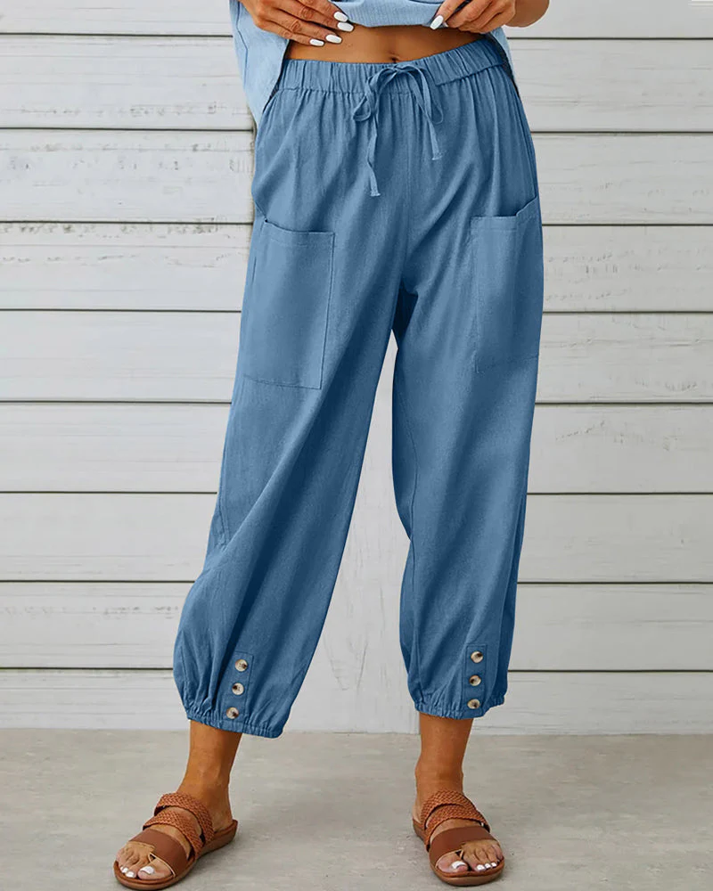 Men's casual breathable pants in neutral tone, relaxed fit with elastic waistband and roomy patch pockets