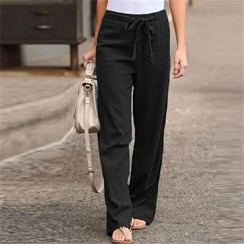 Beige stretch linen blend pants unisex relaxed fit lightweight breathable everyday wear