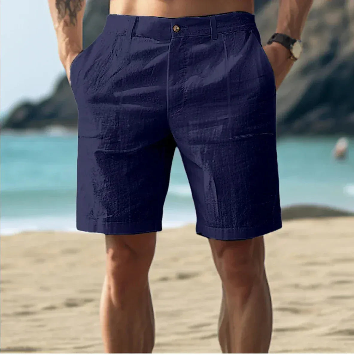 Men's relaxed linen summer shorts breathable lightweight casual style with drawstring waistband