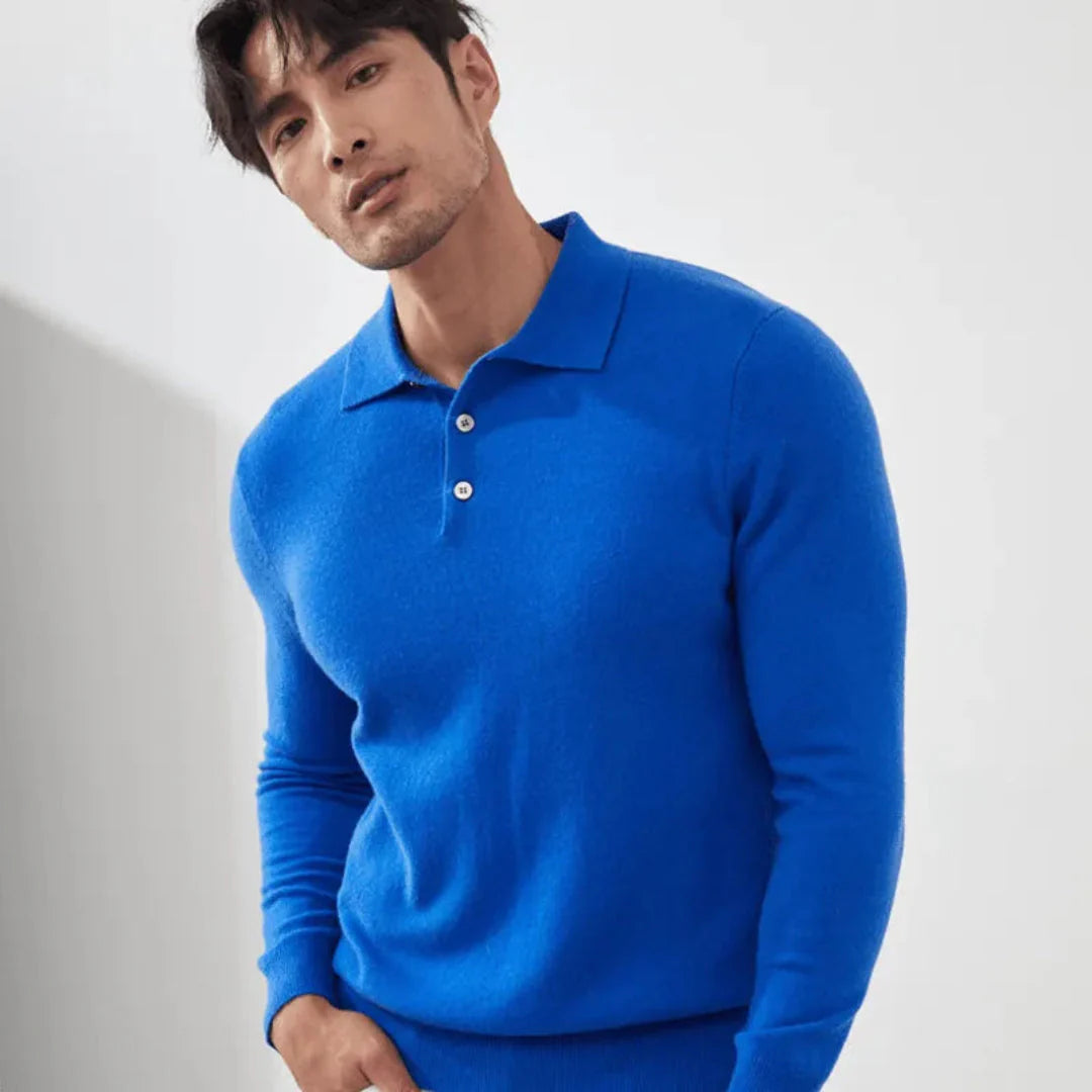 Men's navy cashmere long sleeve polo shirt tailored fit three-button placket premium softness