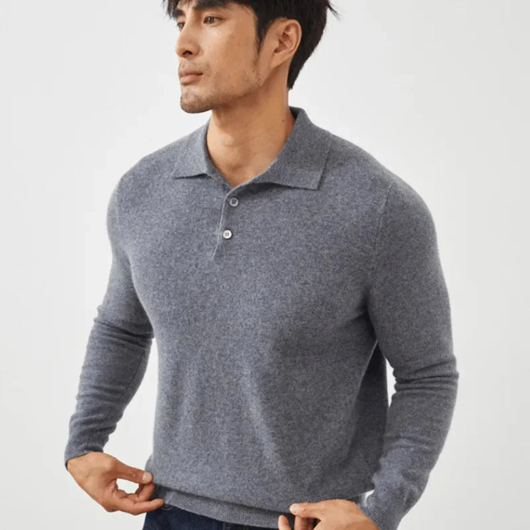 Men's navy cashmere long sleeve polo shirt tailored fit three-button placket premium softness