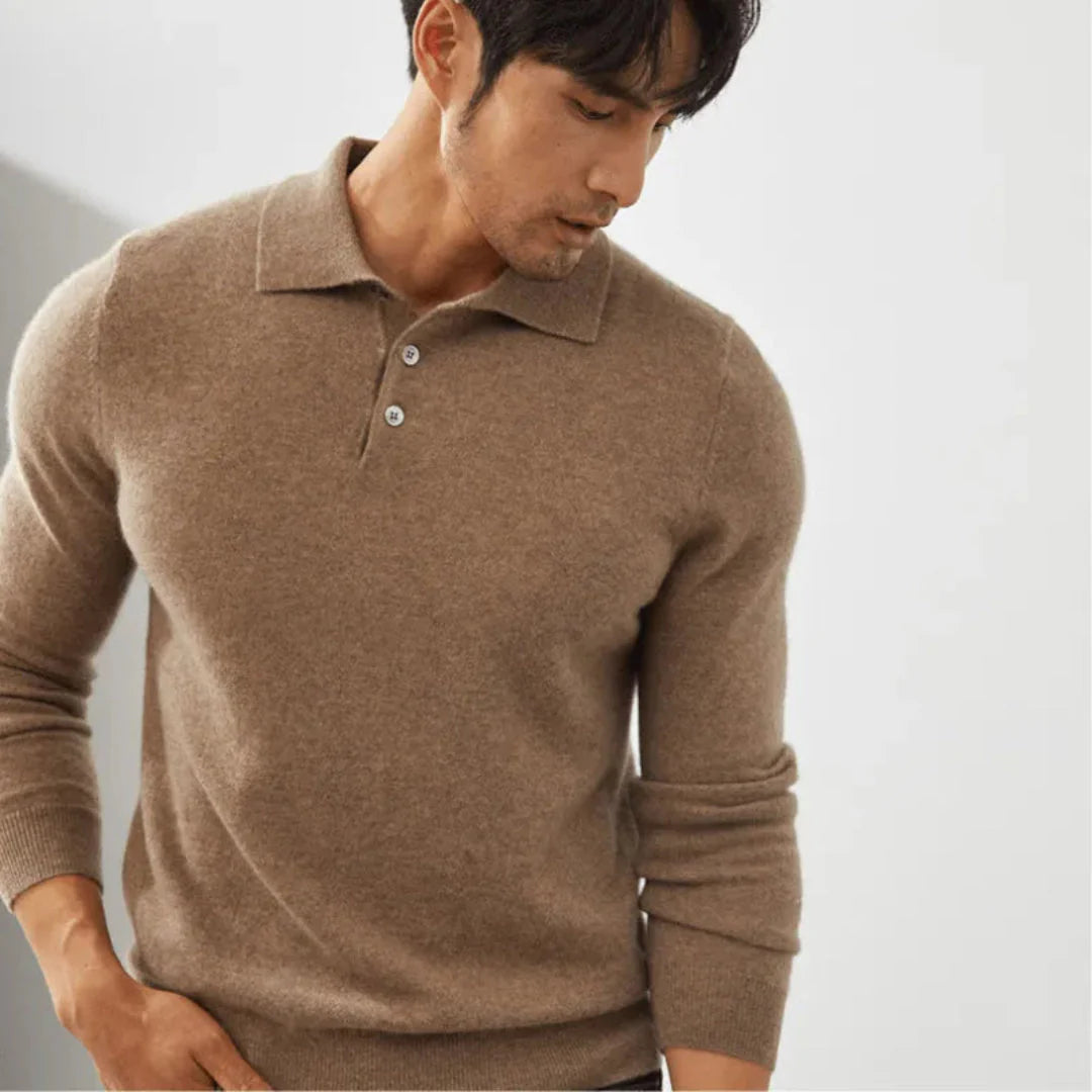 Men's navy cashmere long sleeve polo shirt tailored fit three-button placket premium softness