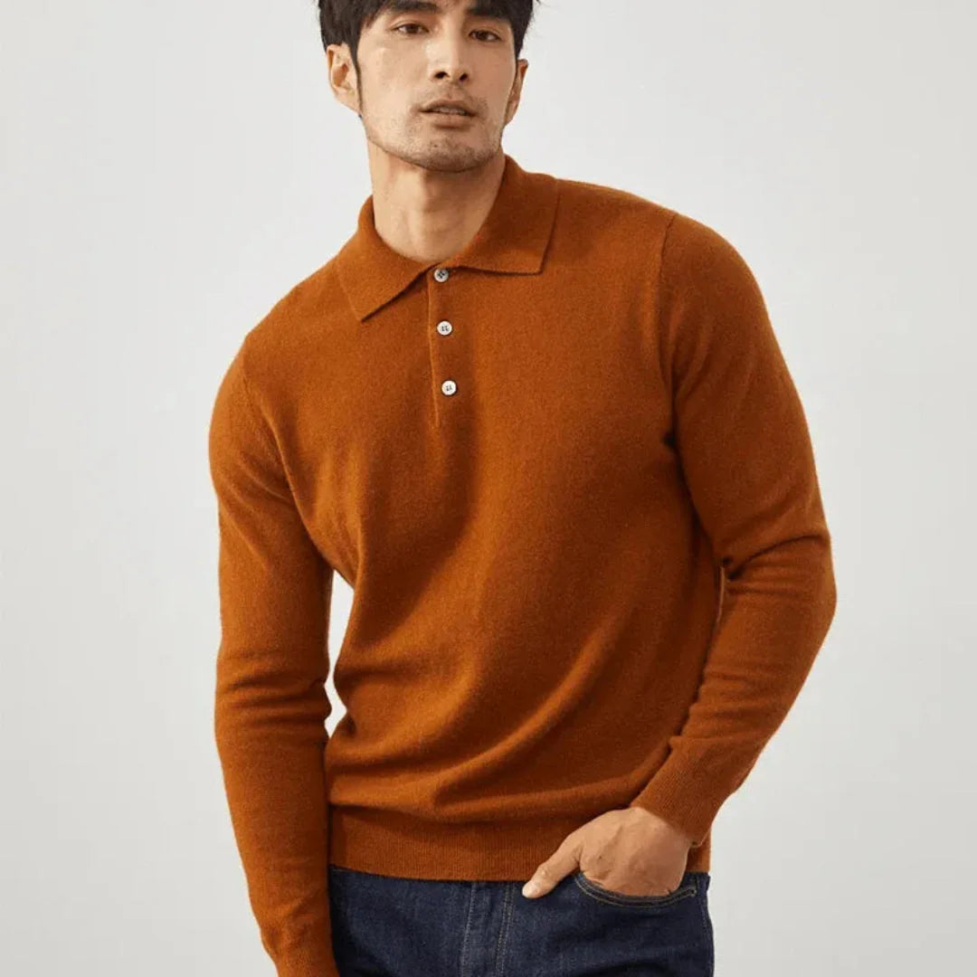Men's navy cashmere long sleeve polo shirt tailored fit three-button placket premium softness