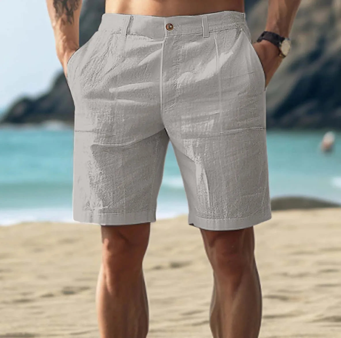 Men's beige linen blend shorts relaxed casual cut breathable lightweight summer comfort
