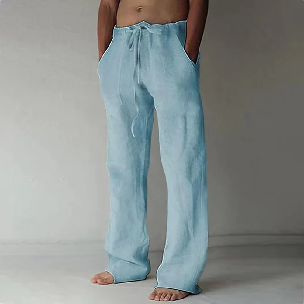 Men's solid color lightweight drawstring summer pants breathable cotton blend casual trousers