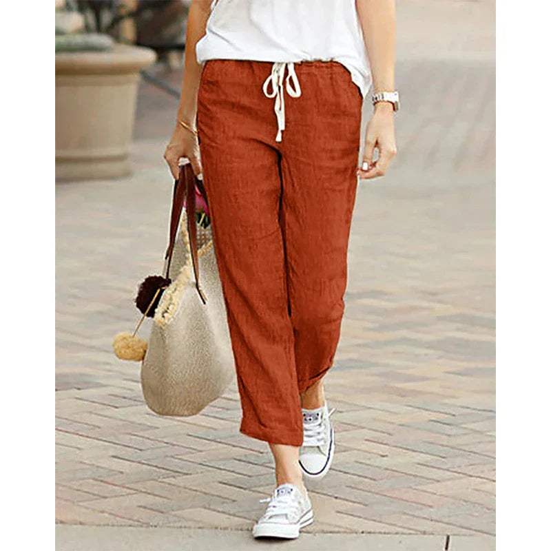 Women's light cotton linen casual pants, drawstring elastic waist, relaxed fit 7/8 cropped length