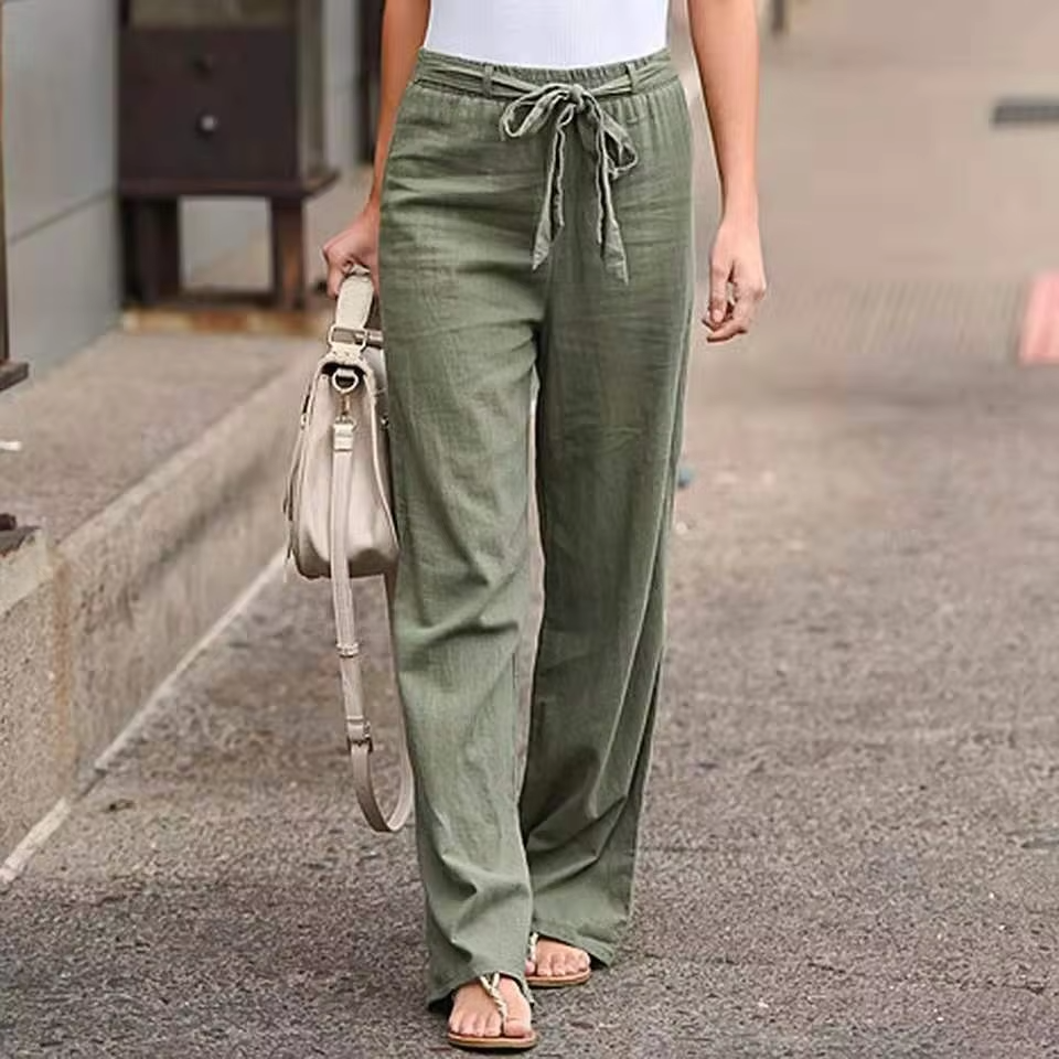 Women's cotton linen wide leg pants with elastic drawstring waist, breathable relaxed fit casual style