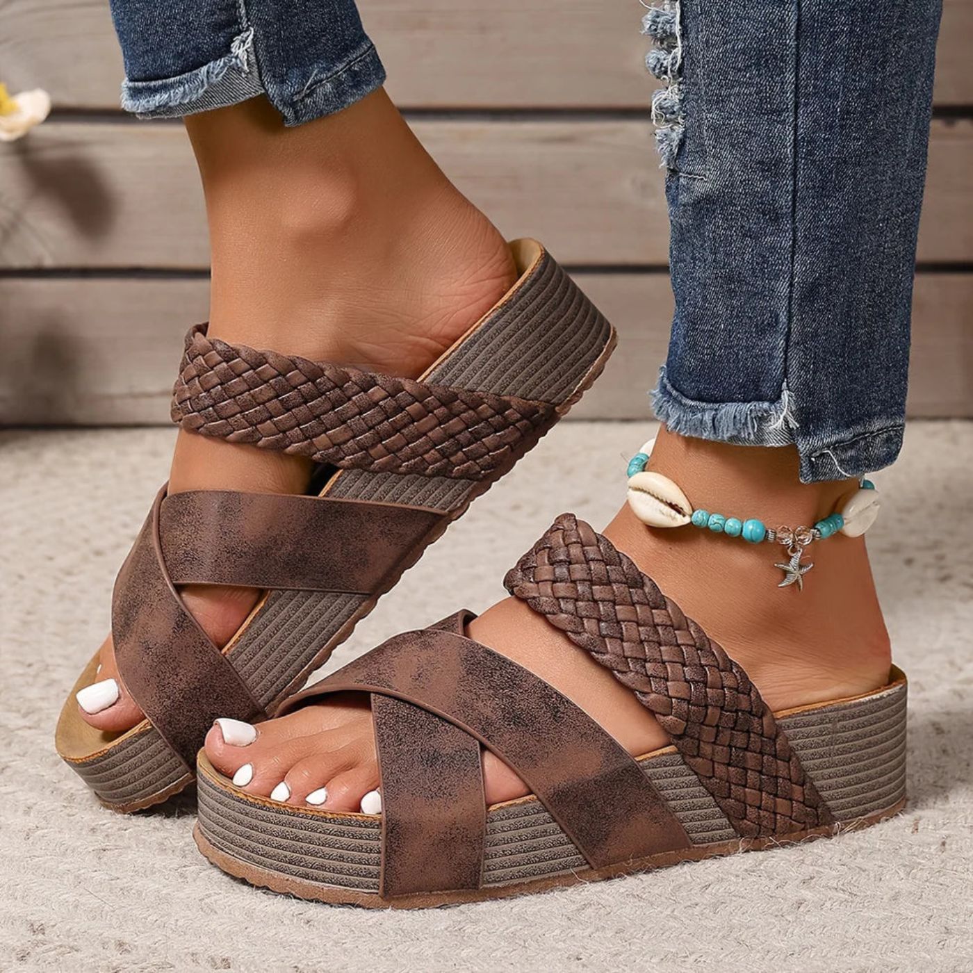 Women's braided platform slide sandals open-toe slip-on with textured woven straps casual style