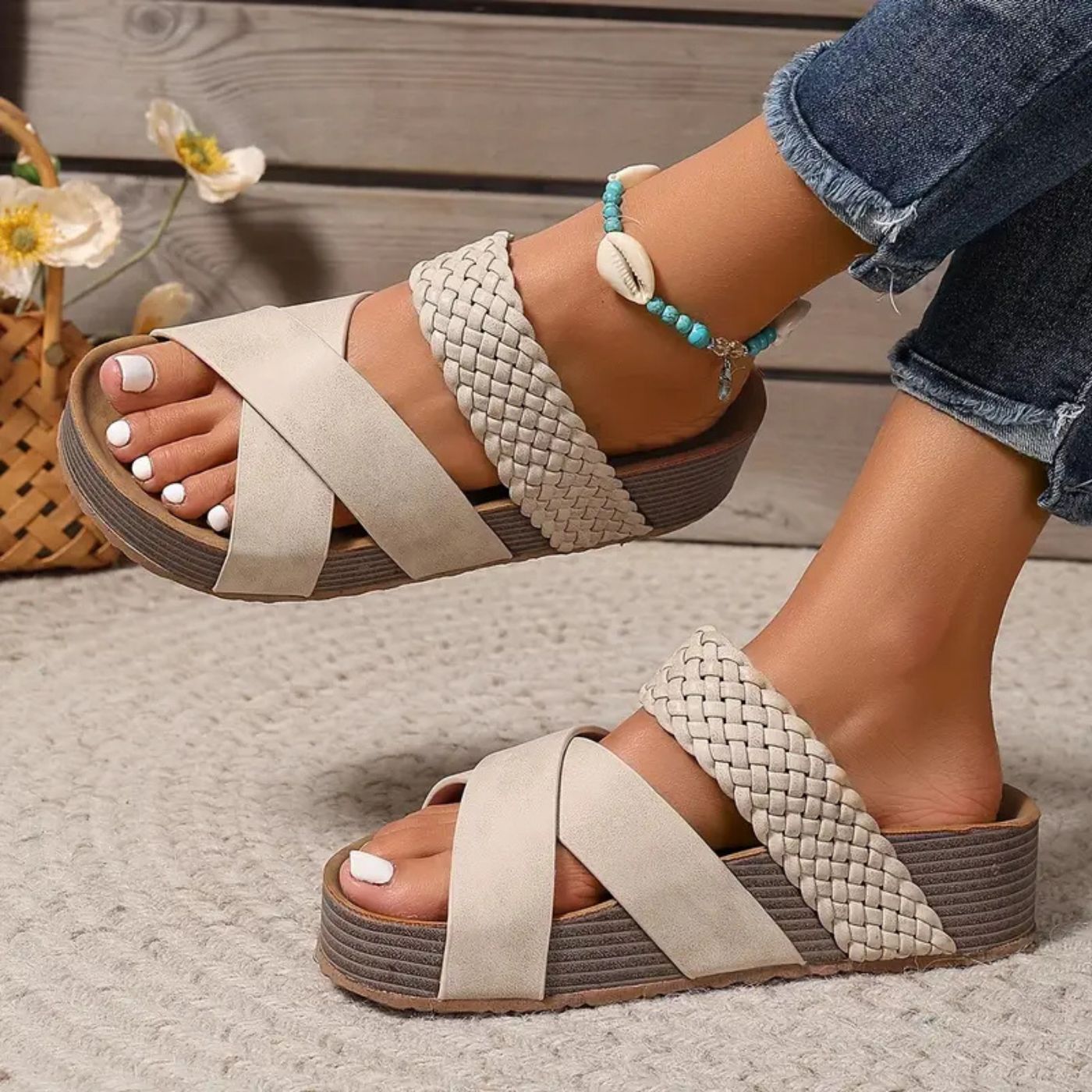 Women's braided platform slide sandals open-toe slip-on with textured woven straps casual style