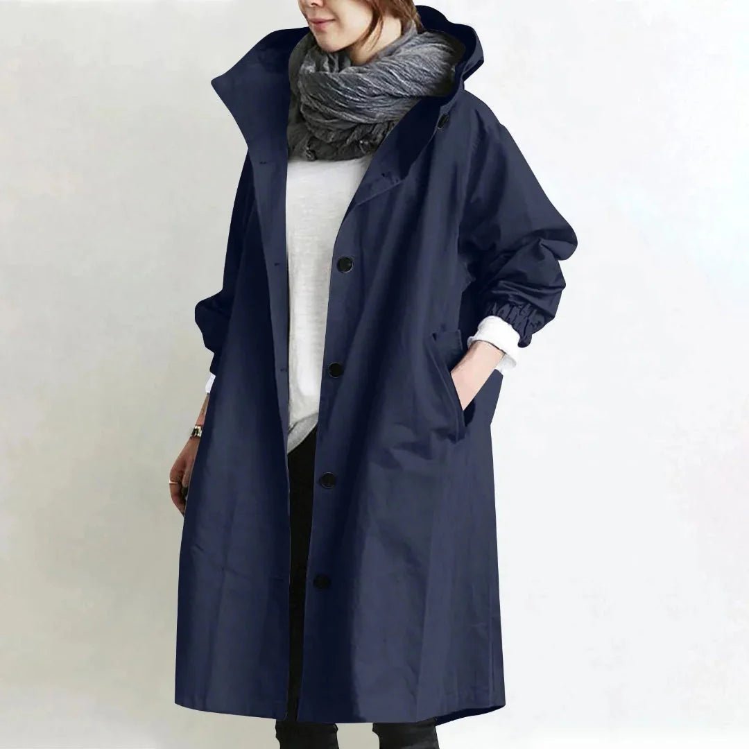 Women's beige hooded longline trench coat relaxed fit lightweight fabric minimalist style