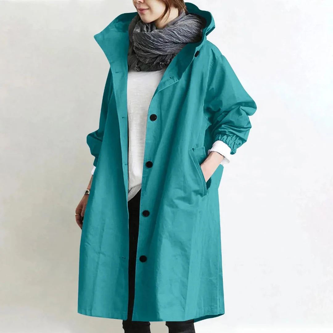Beige hooded longline trench coat women relaxed fit lightweight fabric minimalist silhouette