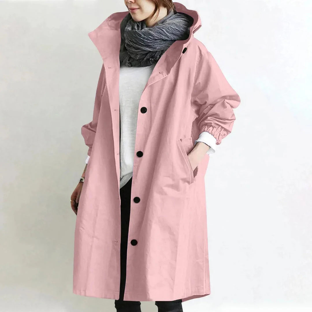 Beige hooded longline trench coat women relaxed fit lightweight fabric minimalist silhouette