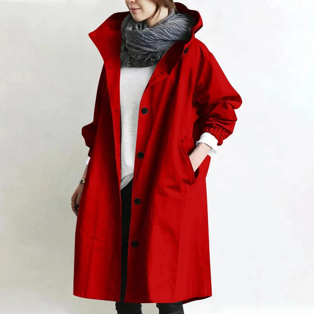 Beige hooded longline trench coat women relaxed fit lightweight fabric minimalist silhouette