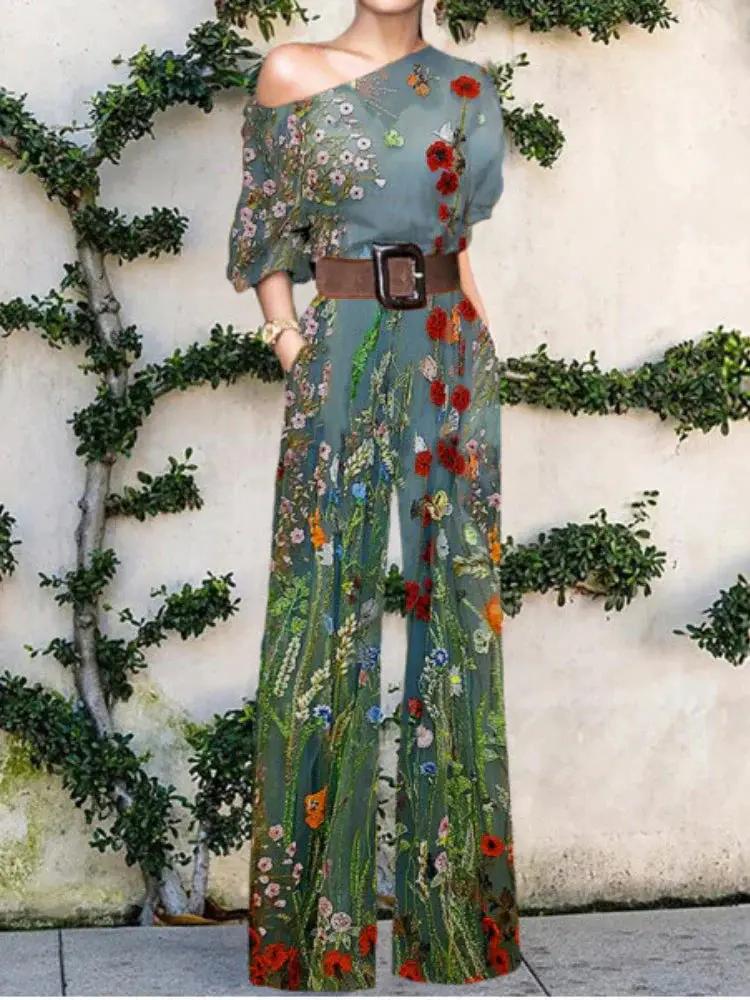 Women's abstract art print one-shoulder jumpsuit with sculptural asymmetric neckline and face design