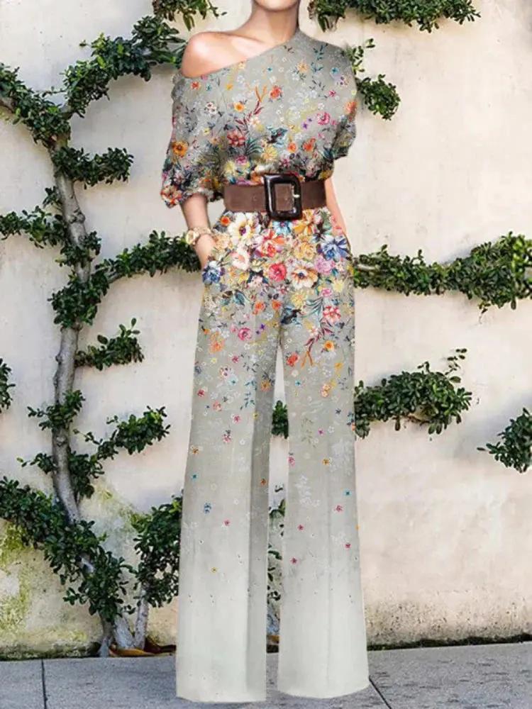 Women's abstract art print jumpsuit one-shoulder asymmetrical neckline elegant wearable art silhouette