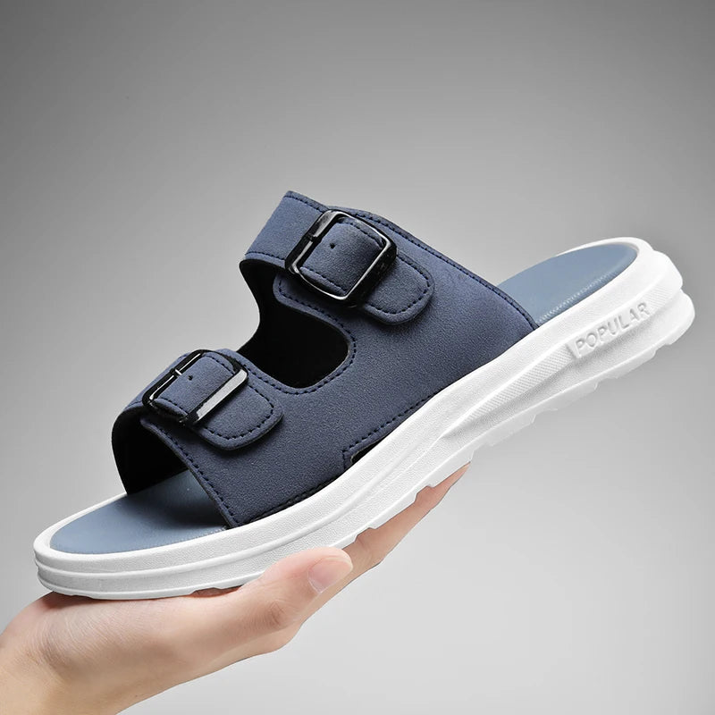 Beige casual sandals with dual adjustable buckles and cushioned ergonomic sole for summer comfort