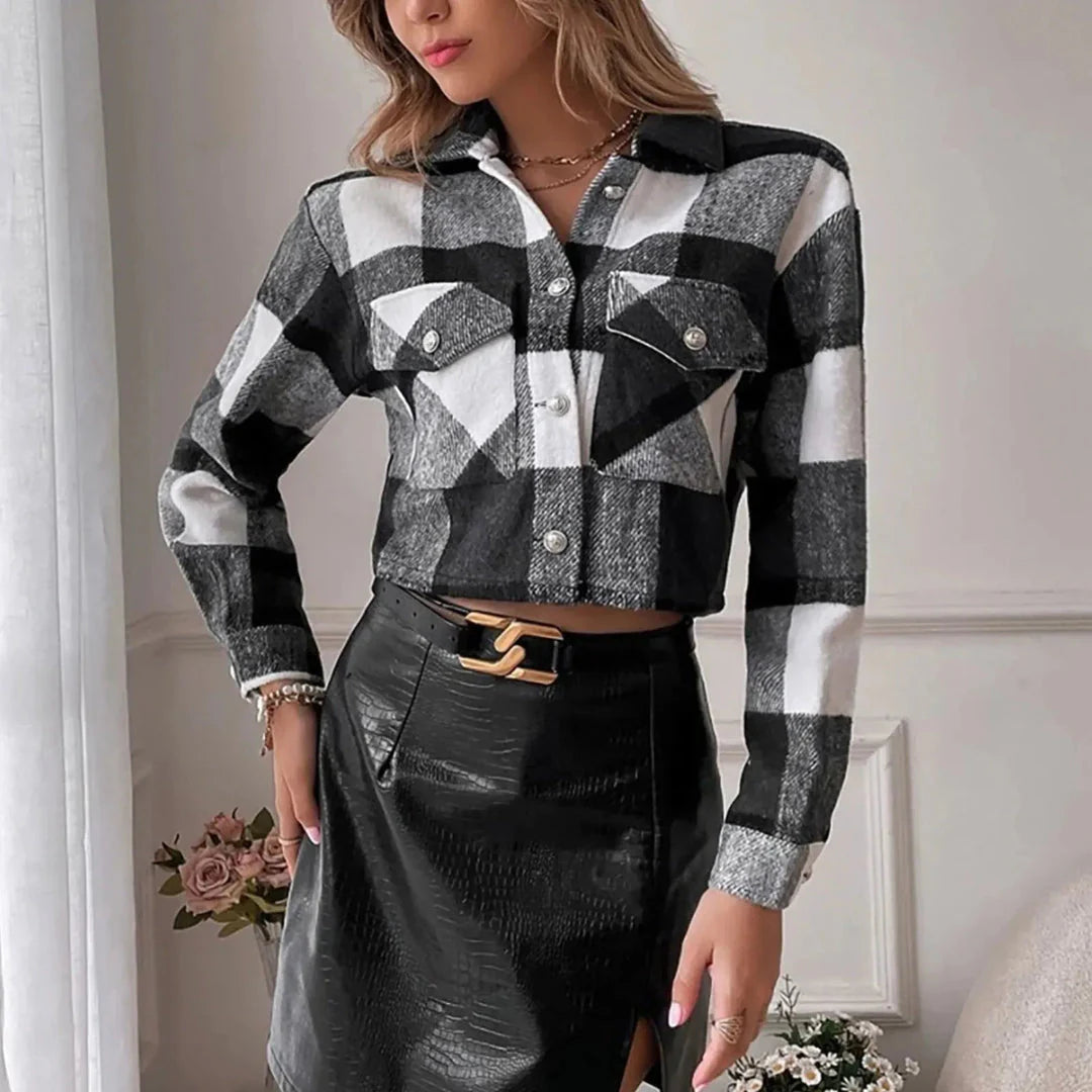 Women's cropped plaid jacket button-up front modern fit with chest pocket day-to-night versatility