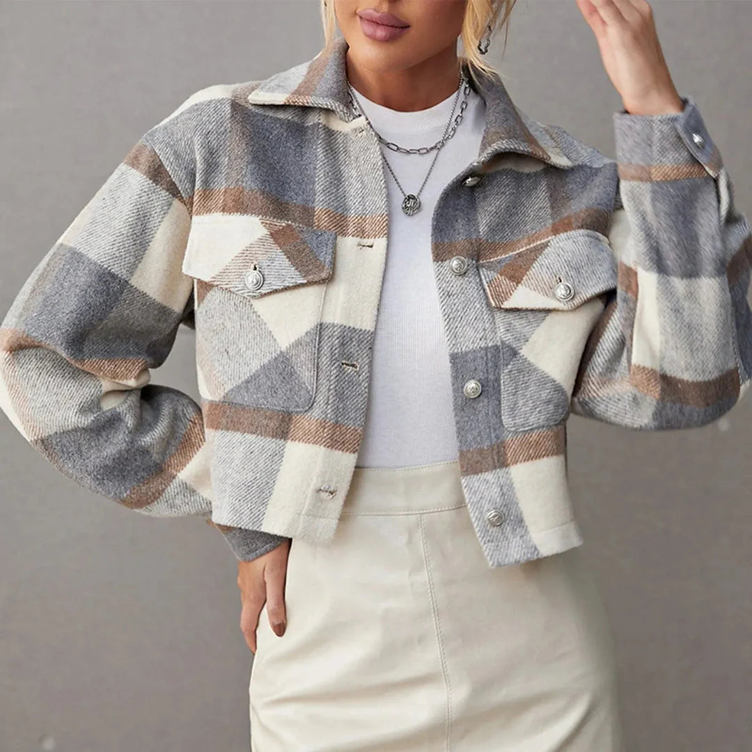 Women's cropped plaid jacket button-up front modern fit with chest pocket day-to-night versatility