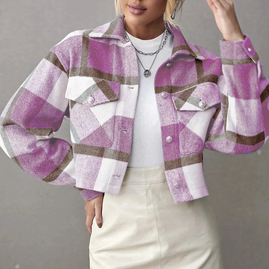 Women's cropped plaid jacket button-up front modern fit with chest pocket day-to-night versatility